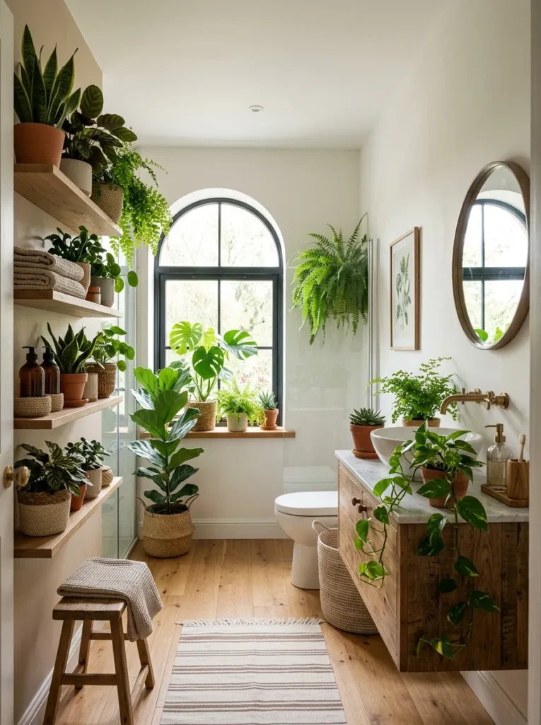 earthy plant styling earth tone bathroom design 2026