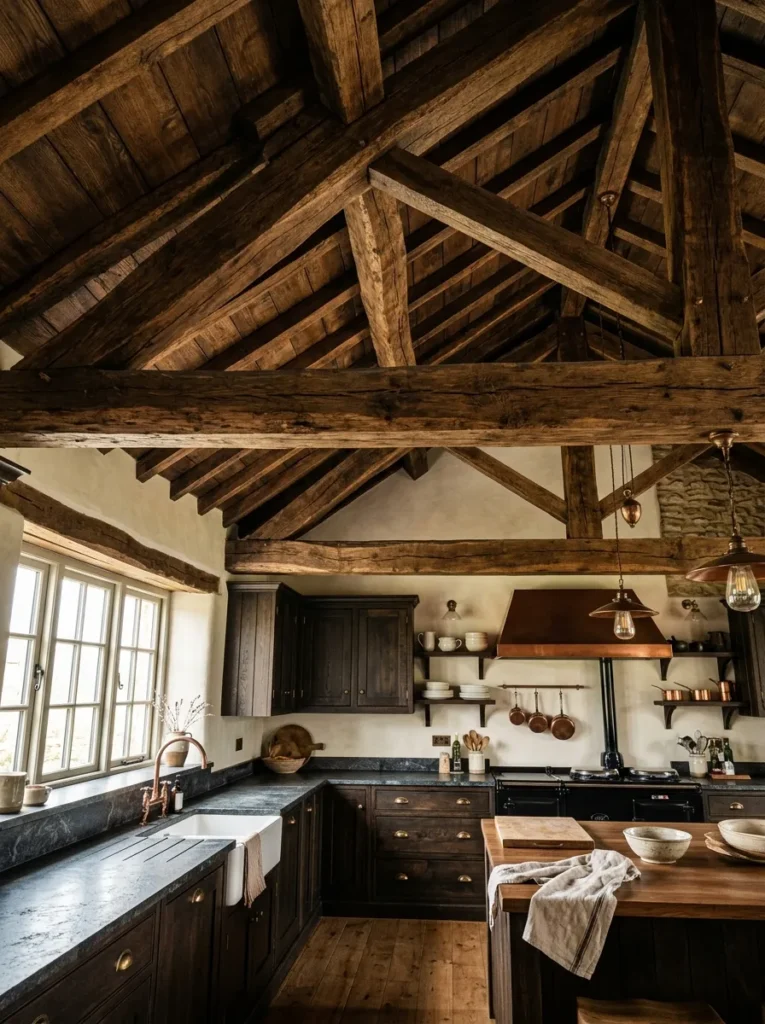 exposed wooden beams moody farmhouse kitchen idea modern