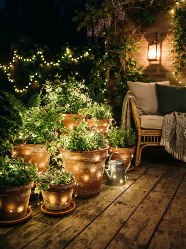 fairy light planters small patio decor idea modern