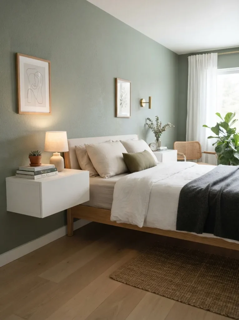 floating night shelves sage green bedroom idea 2026