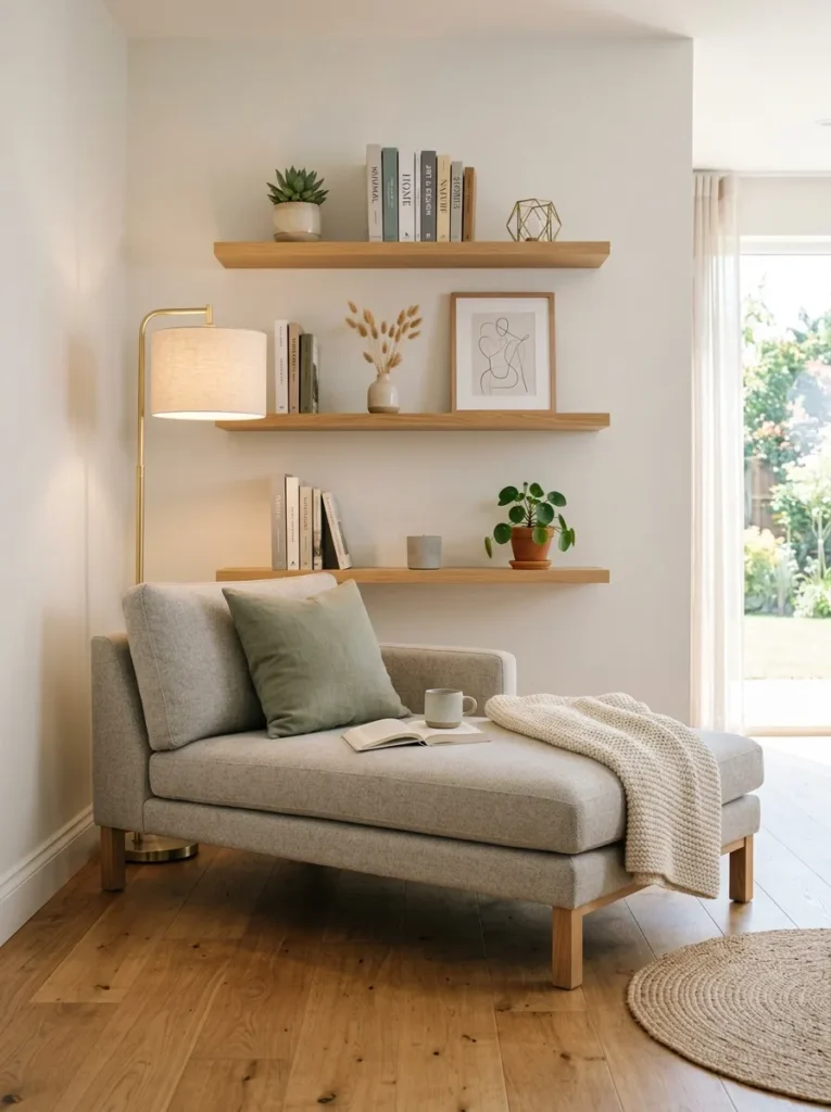 floating shelf styling chaise lounge reading nook idea modern