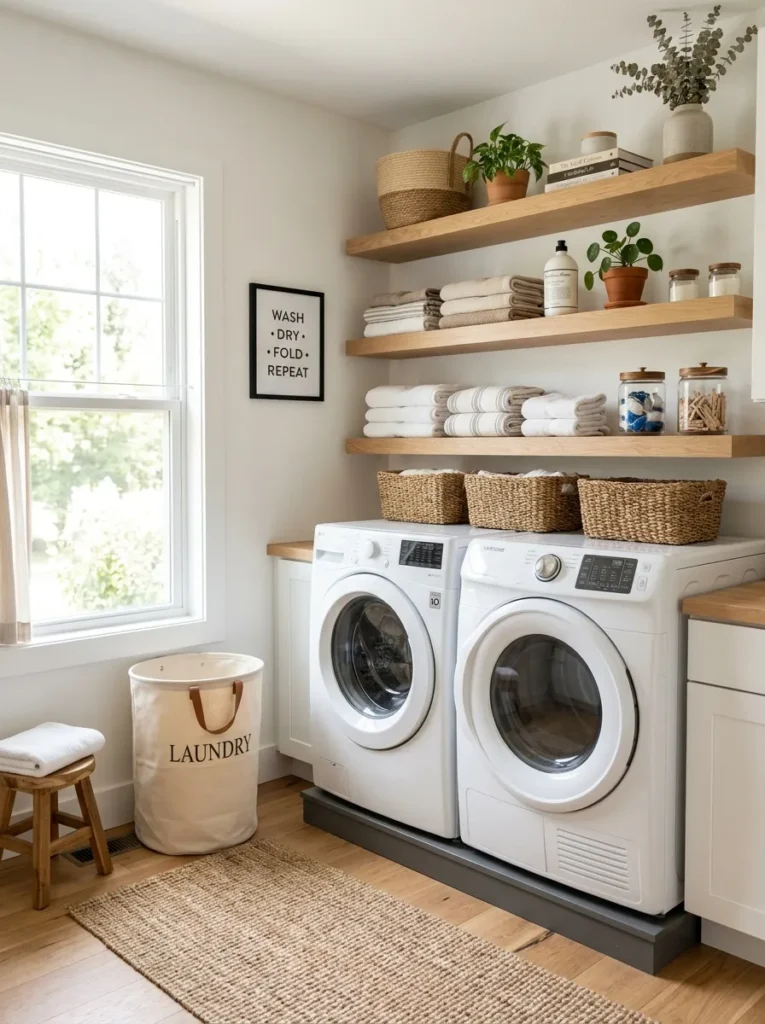 floating shelf wall laundry room design idea 2026