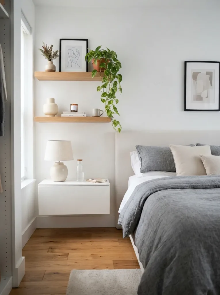 floating wood shelves gray and white bedroom idea 2026