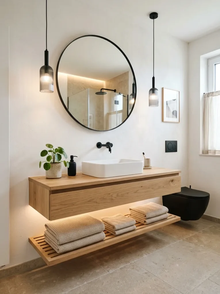 Modern guest bathroom with floating wood vanity, soft lighting, and clean minimal design
