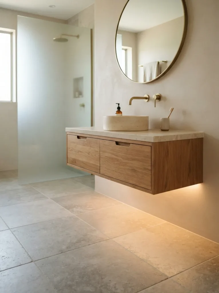 floating wood vanity warm neutral bathroom idea 2026