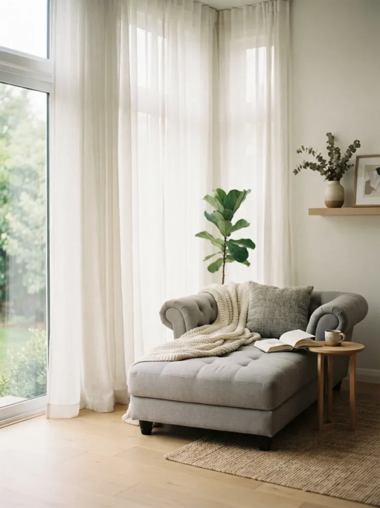 floor to ceiling curtains chaise lounge reading nook idea 2026