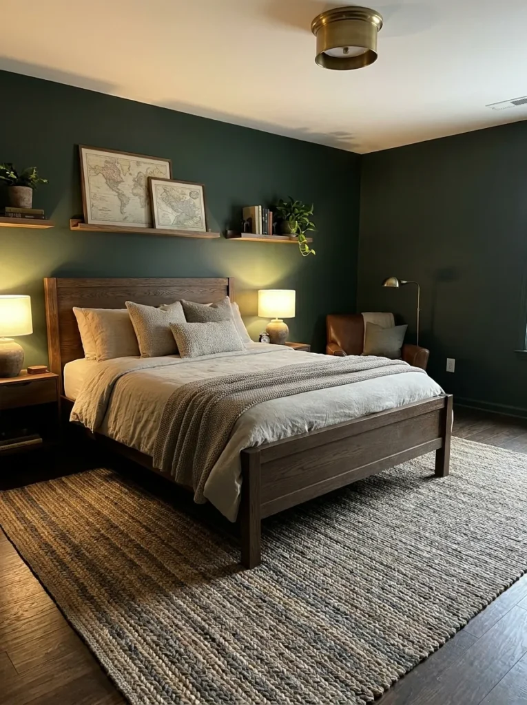 Stylish boys bedroom with deep forest green walls, warm lighting and wooden furniture
