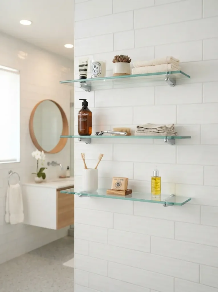 Modern bathroom with frameless glass shelves holding neatly arranged essentials