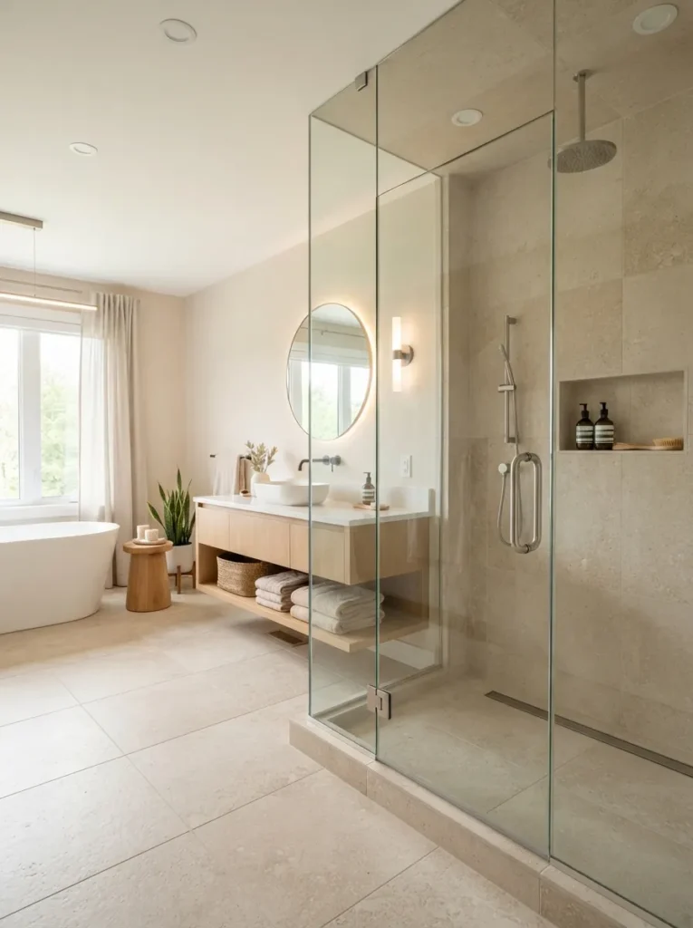frameless glass shower warm neutral bathroom idea 2026