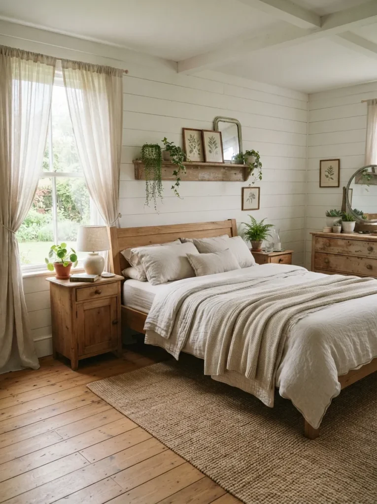 fresh greenery touches vintage farmhouse bedroom idea 2026