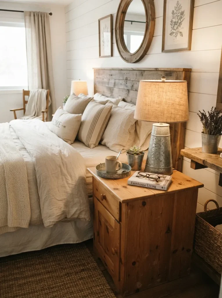 galvanized metal accents vintage farmhouse bedroom idea 2026