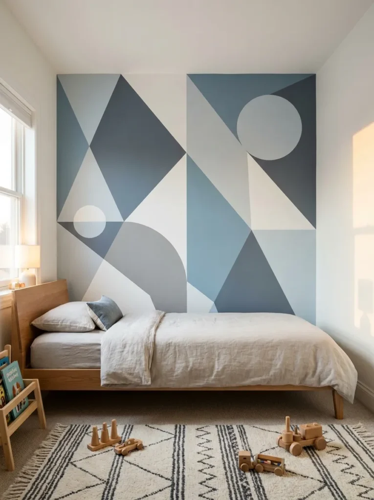 Boys bedroom wall with geometric paint patterns in blue gray and white modern design