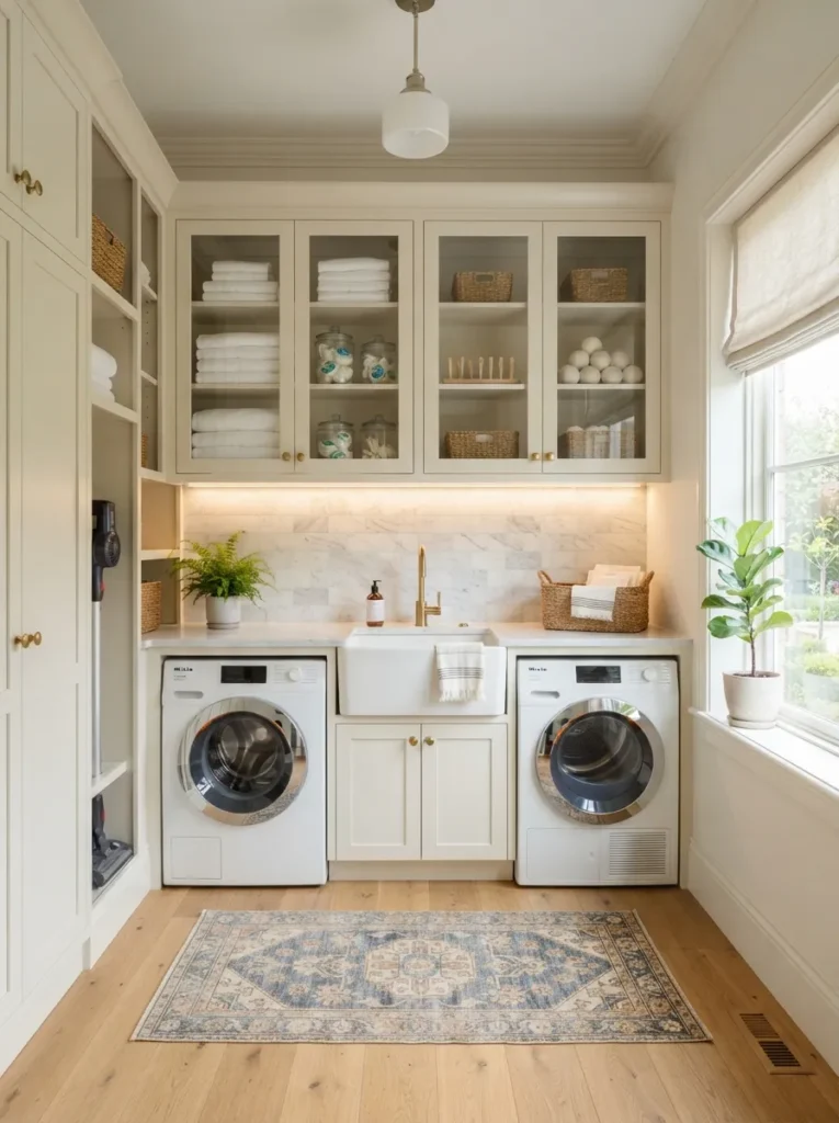glass cabinet doors luxury laundry room idea 2026