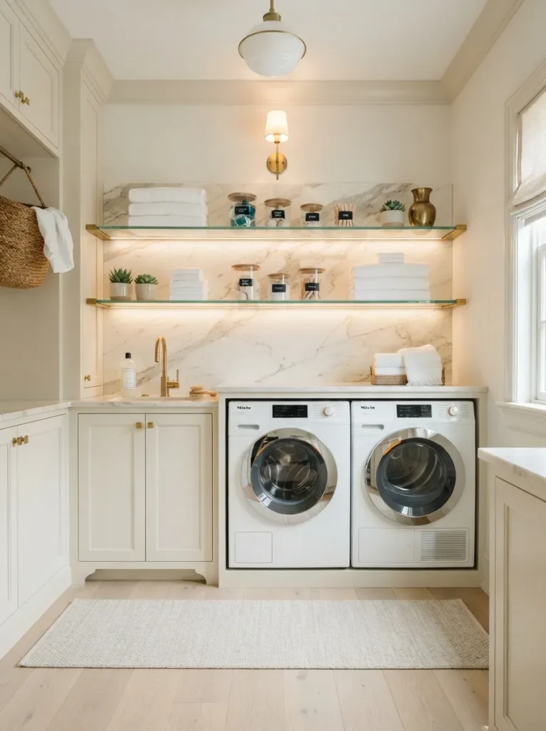 glass display shelves luxury laundry room idea 2026