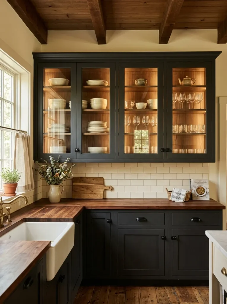 glass front cabinets moody farmhouse kitchen idea 2026