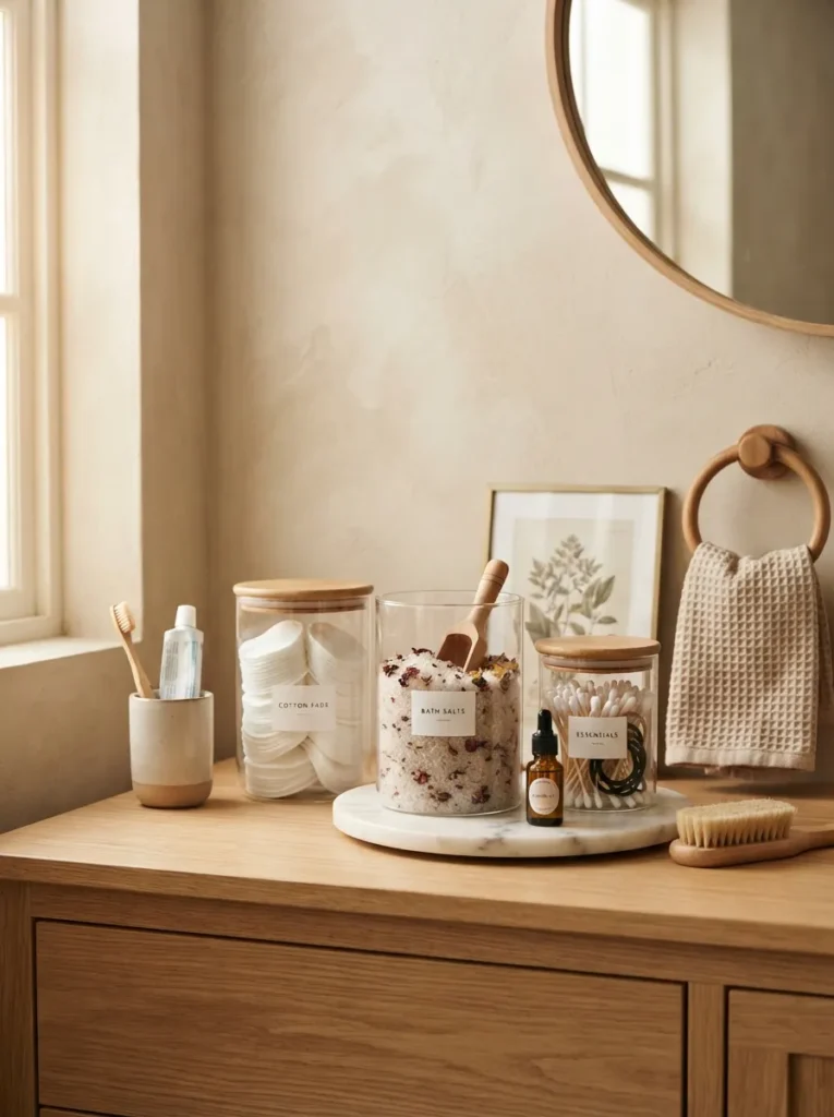 glass jar storage warm neutral bathroom idea 2026