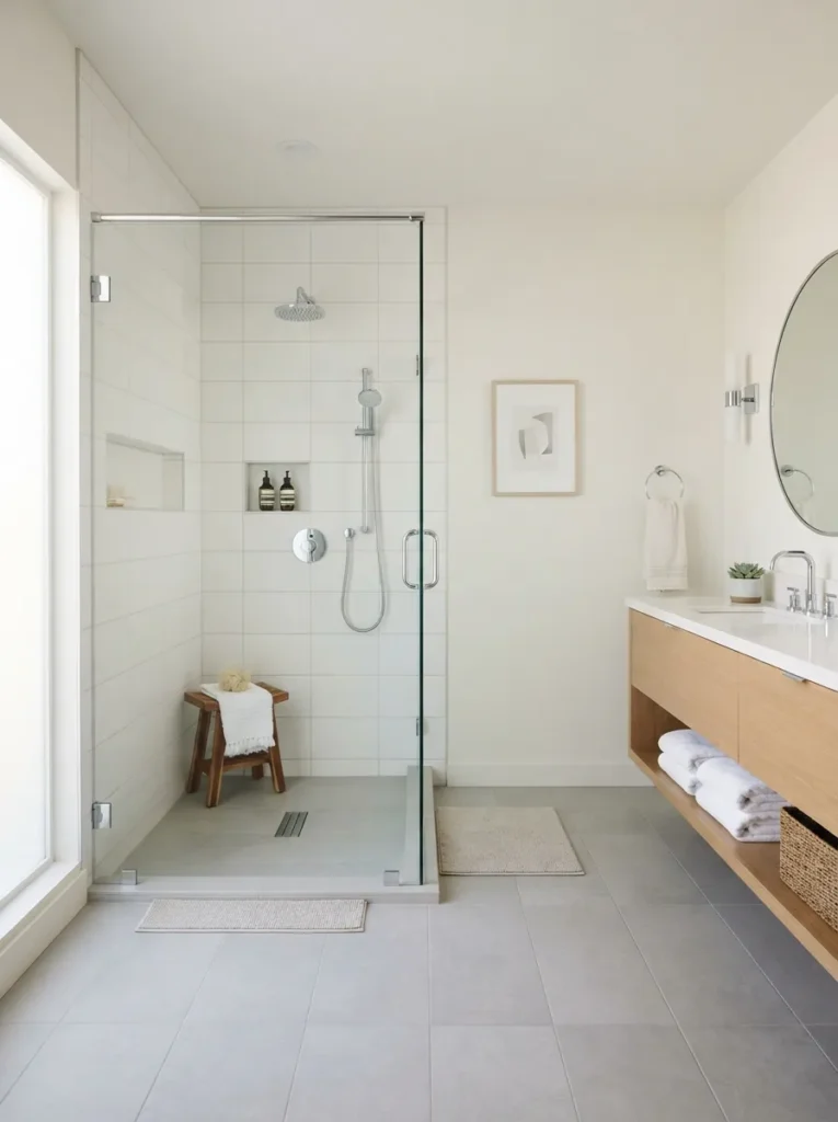 Modern guest bathroom with clear glass shower panel and open spacious design
