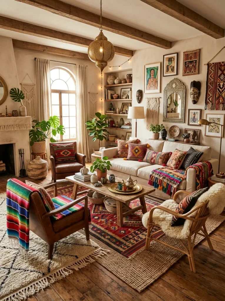 global textile mix boho living room idea 2026