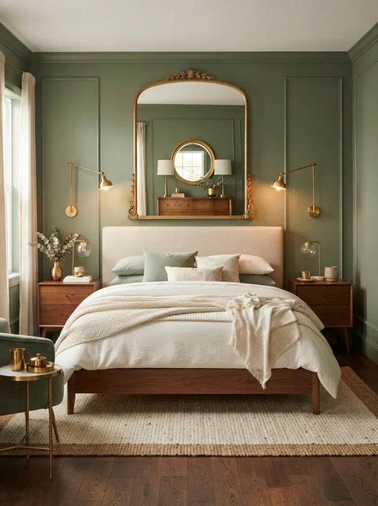 gold accent details sage green bedroom idea 2026