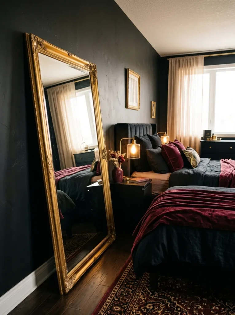 gold accent mirrors dark feminine bedroom idea 2026