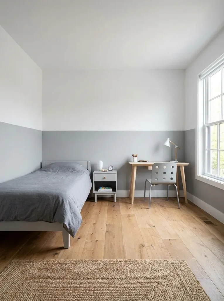 Boys bedroom with half painted walls in gray and white creating clean modern structure