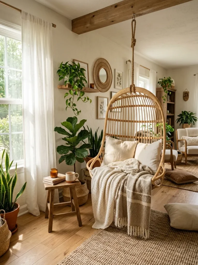hanging chair nook boho living room idea 2026
