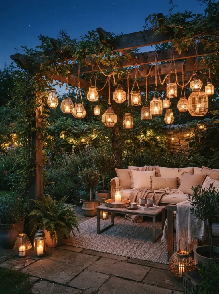 hanging lantern accents small patio decor idea 2026