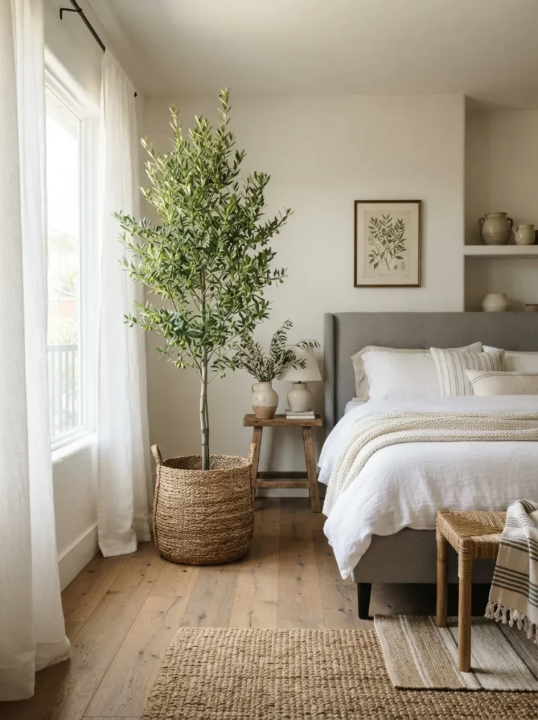 indoor olive tree gray and white bedroom idea 2026