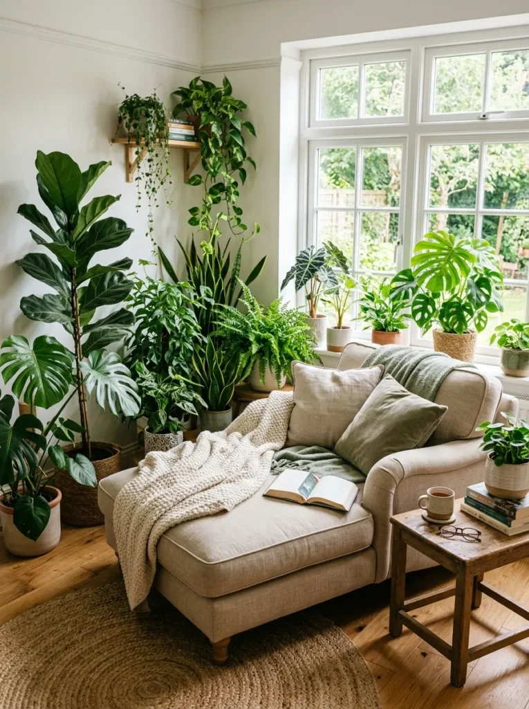 indoor plant surround chaise lounge reading nook idea modern