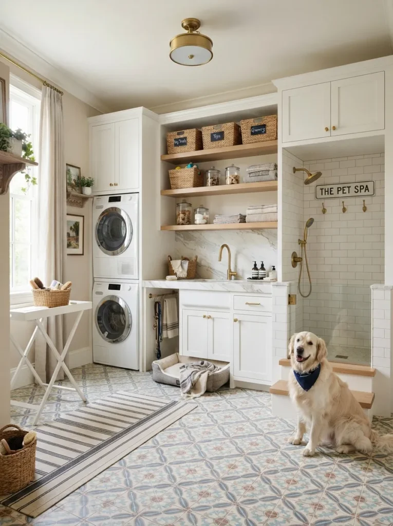 integrated pet station luxury laundry room idea 2026
