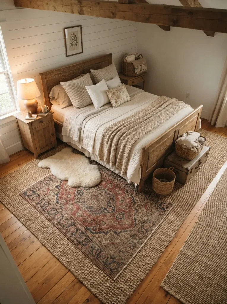 layered area rugs vintage farmhouse bedroom idea modern