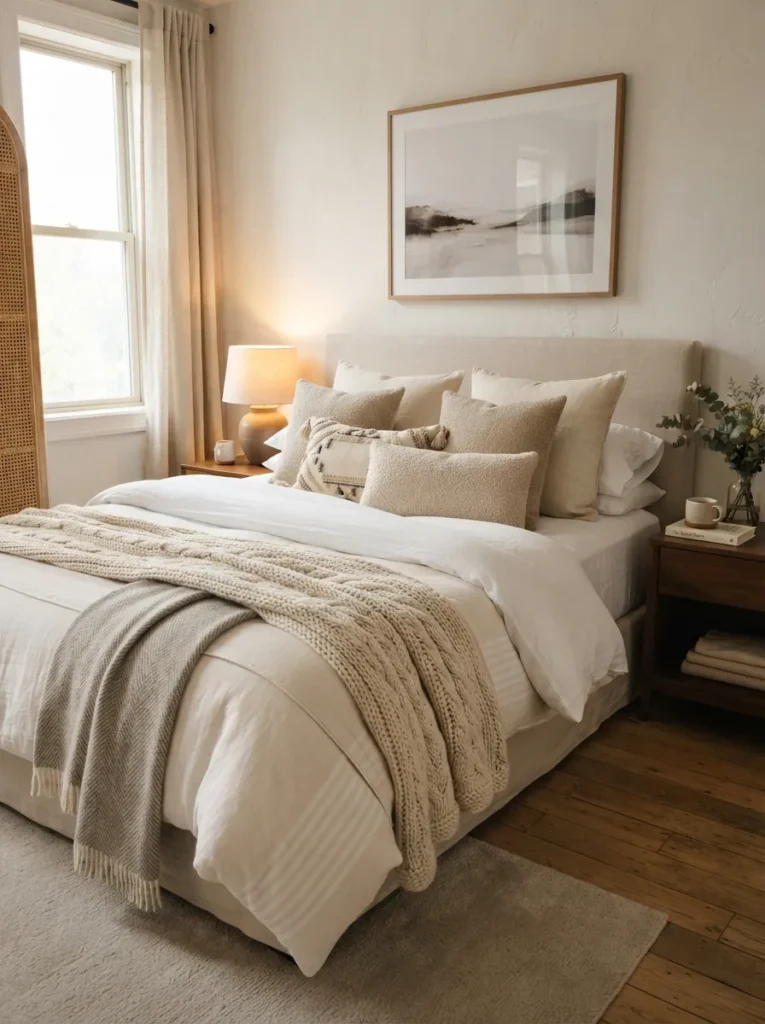 layered bedding textures apartment bedroom decor idea modern