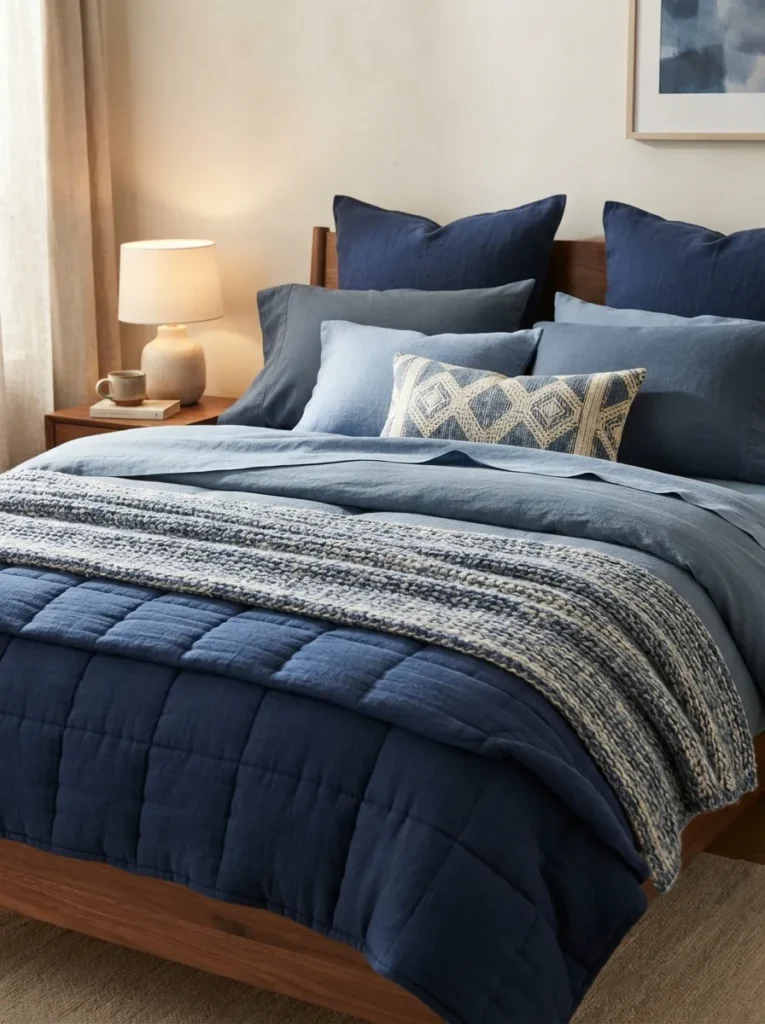 layered blue bedding dark blue bedroom idea modern