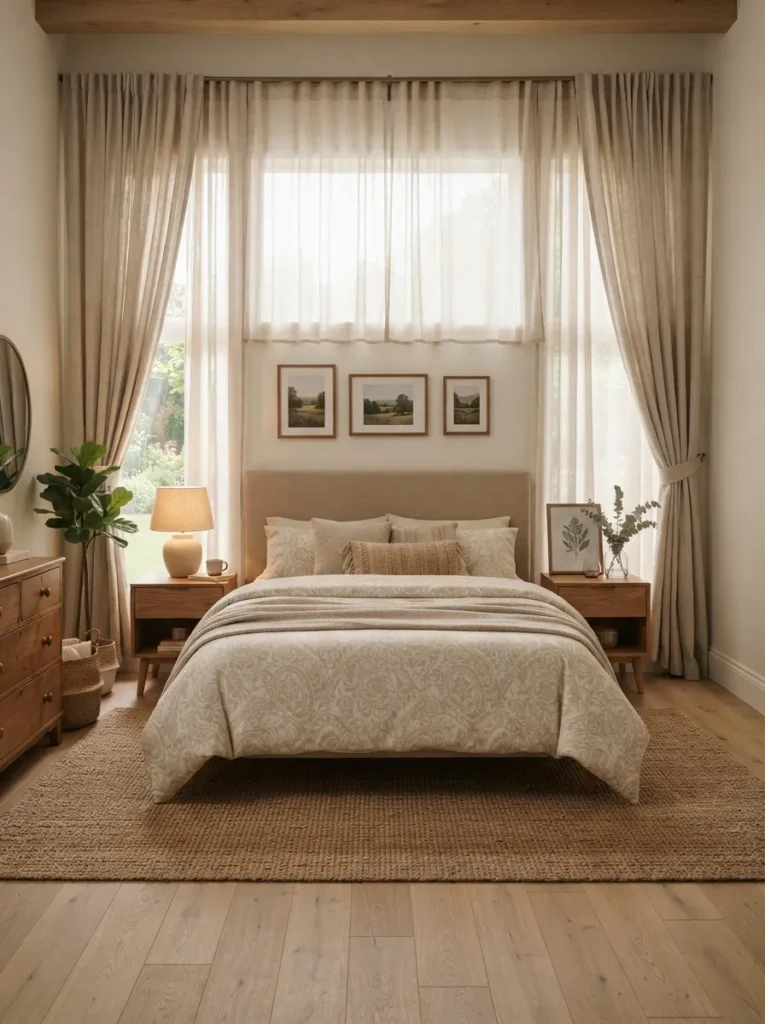 layered curtain combo bedroom window idea 2026