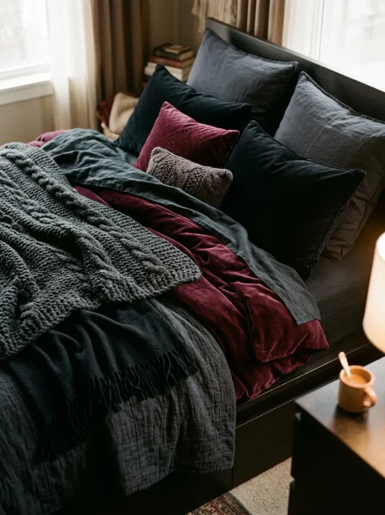 layered dark bedding dark feminine bedroom idea modern