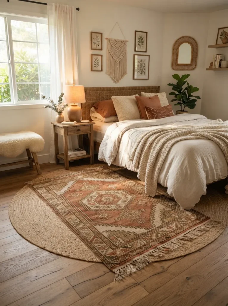layered earth tone rugs cozy earthy bedroom idea 2026
