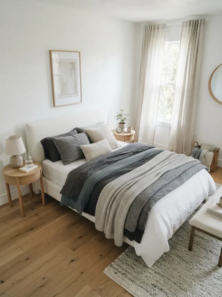 layered gray bedding gray and white bedroom idea 2026