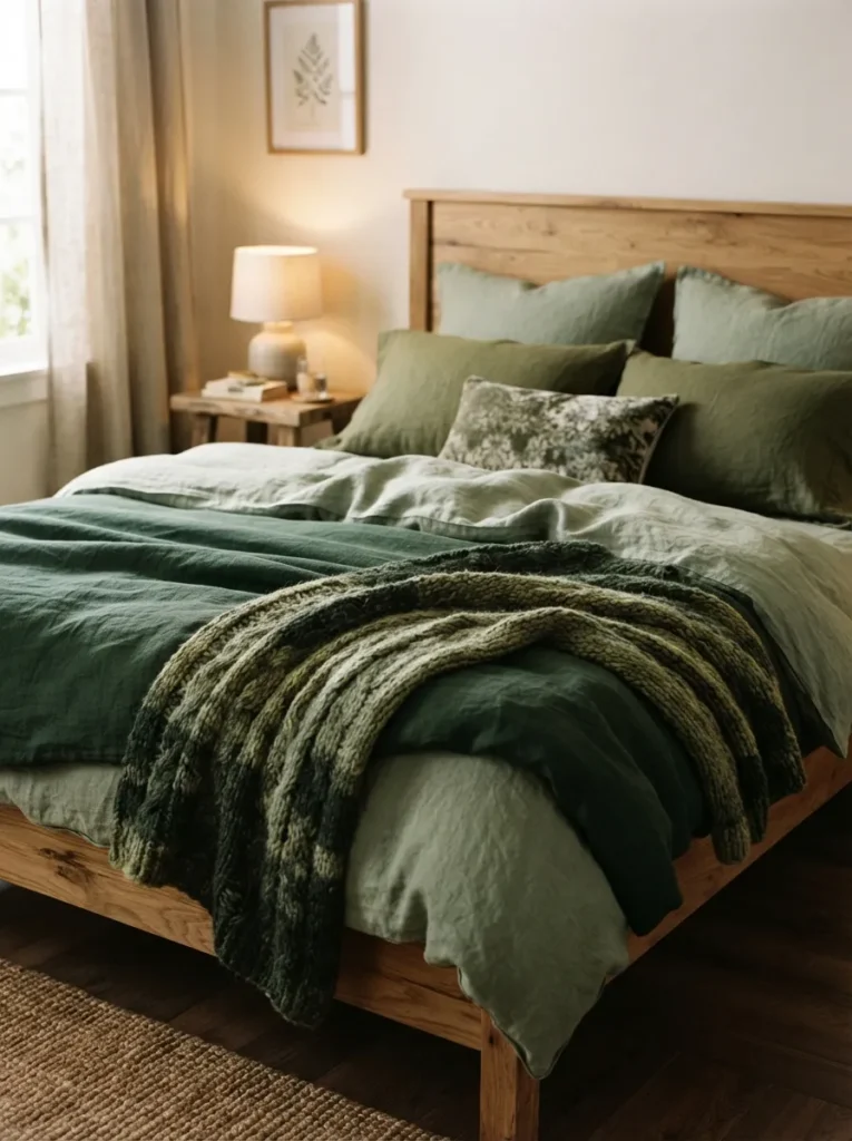 layered green textiles forest bedroom idea modern