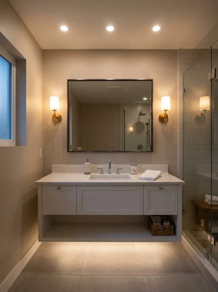 Guest bathroom with layered lighting including sconces and ambient warm glow