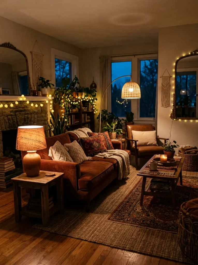 layered lighting setup boho living room idea modern