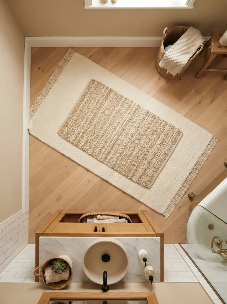 layered neutral rugs warm neutral bathroom idea modern