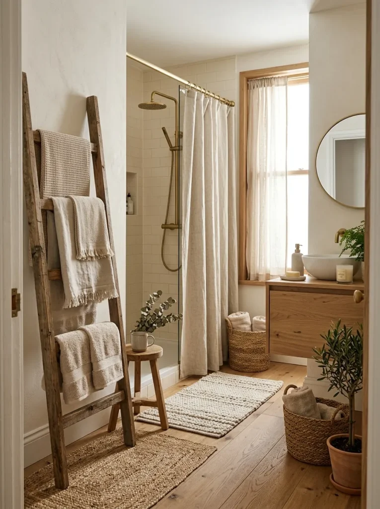 layered neutral textiles earth tone bathroom design 2026