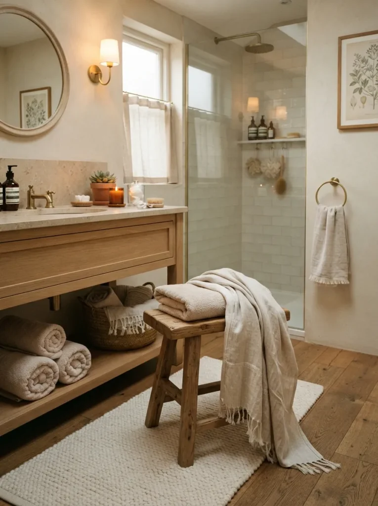 layered neutral textiles warm neutral bathroom idea 2026