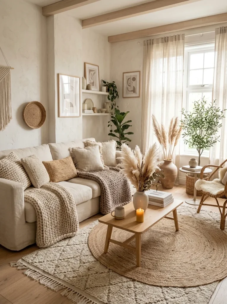 layered neutral textures boho living room idea 2026