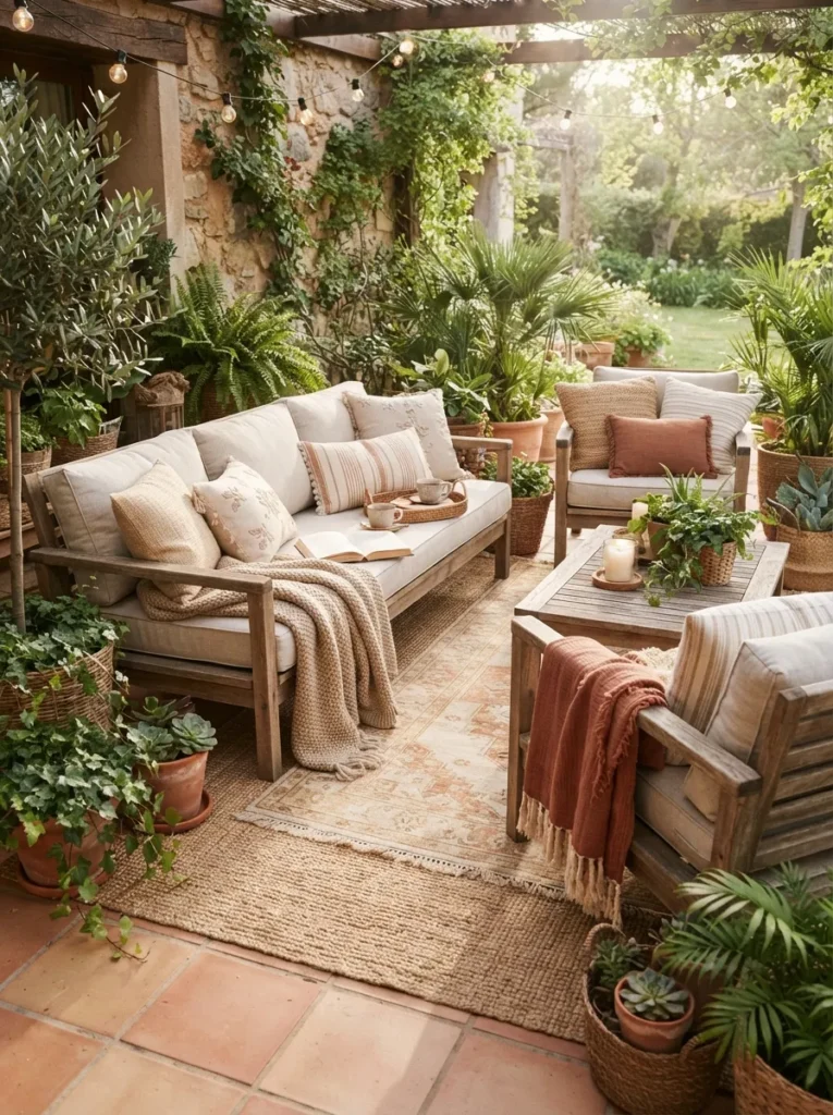 layered outdoor textiles summer patio decor idea 2026