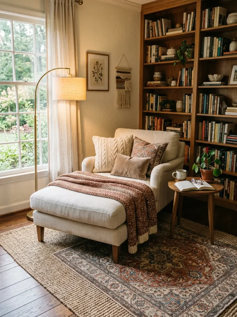 layered rug styling chaise lounge reading nook idea 2026