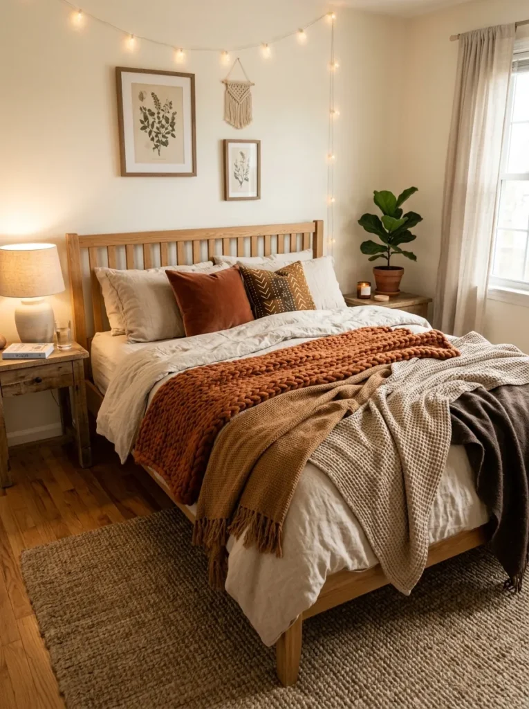 layered throw blankets cozy earthy bedroom idea modern