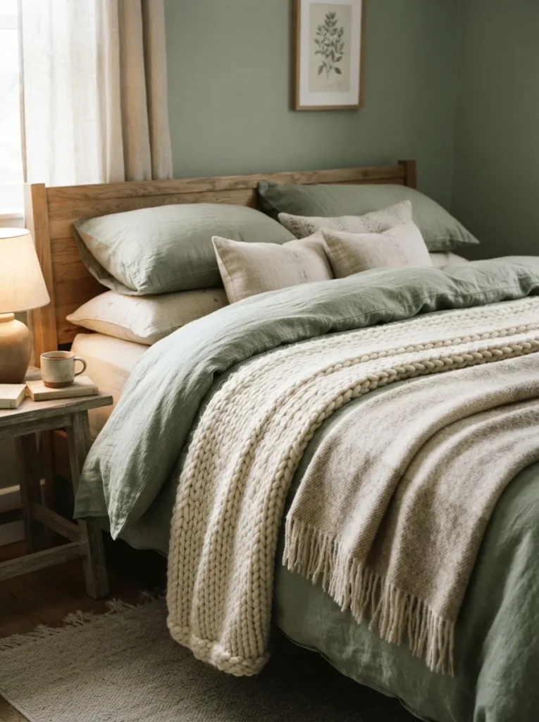 layered throw blankets sage green bedroom idea 2026