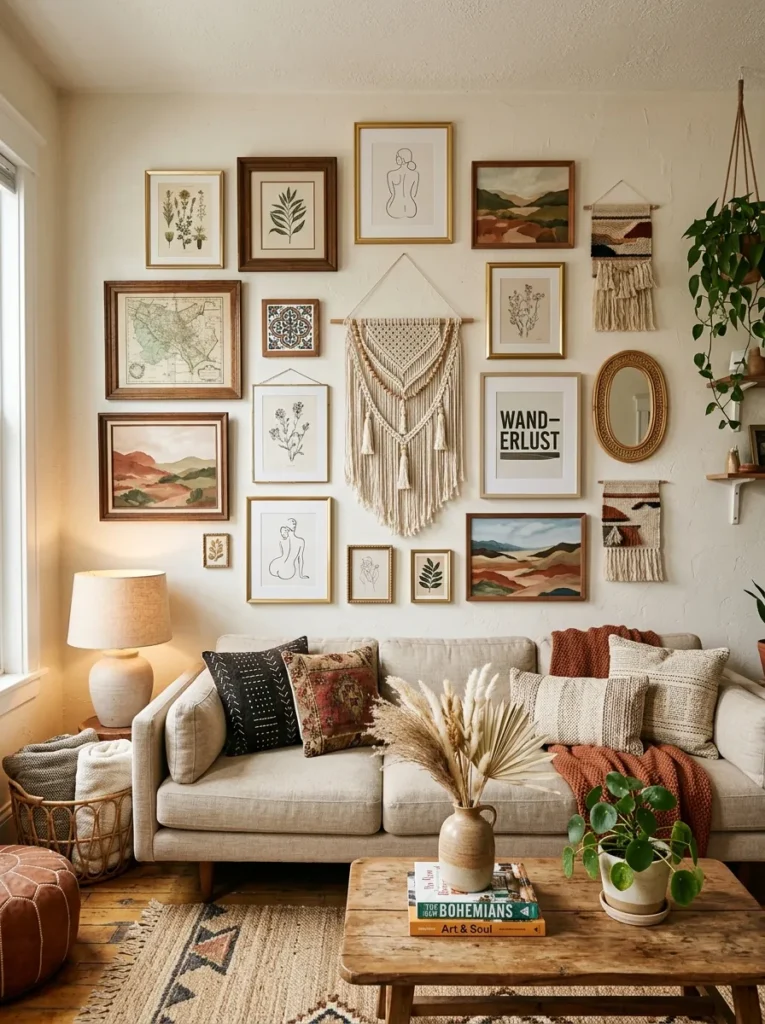 layered wall art boho living room idea 2026