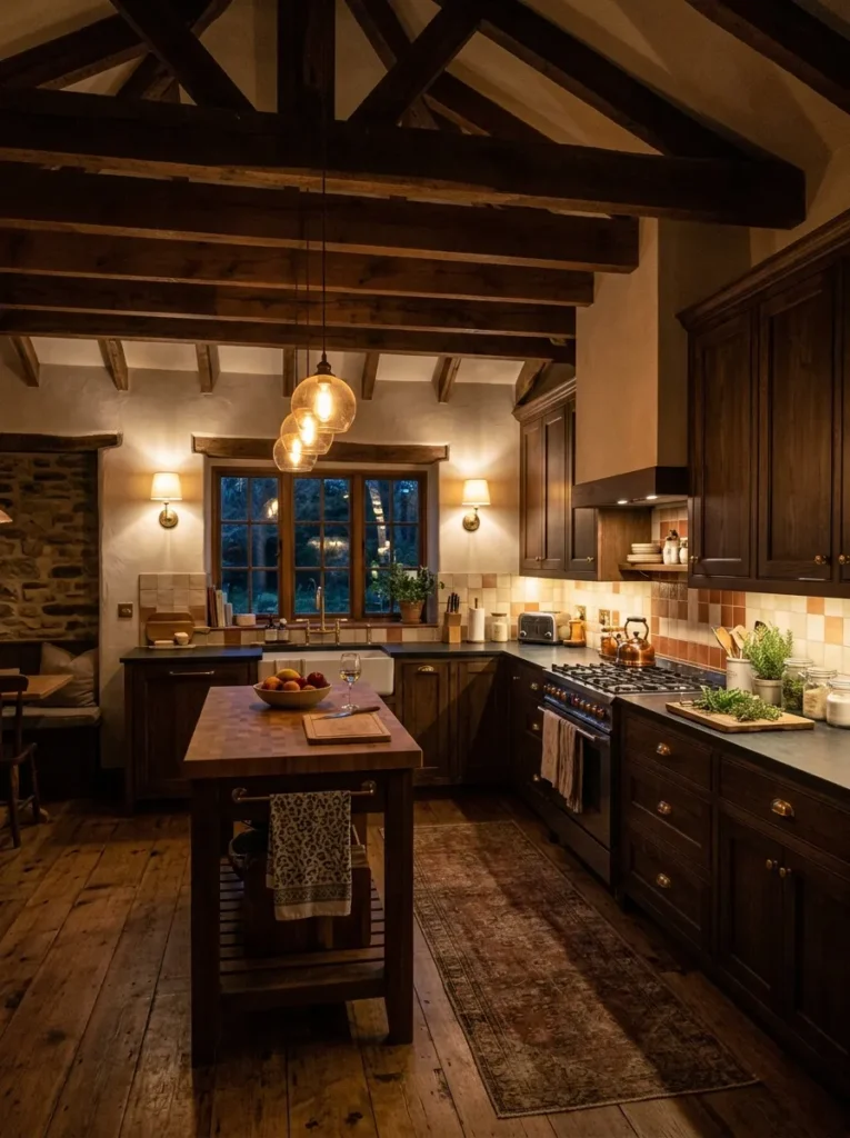 layered warm lighting moody farmhouse kitchen idea modern